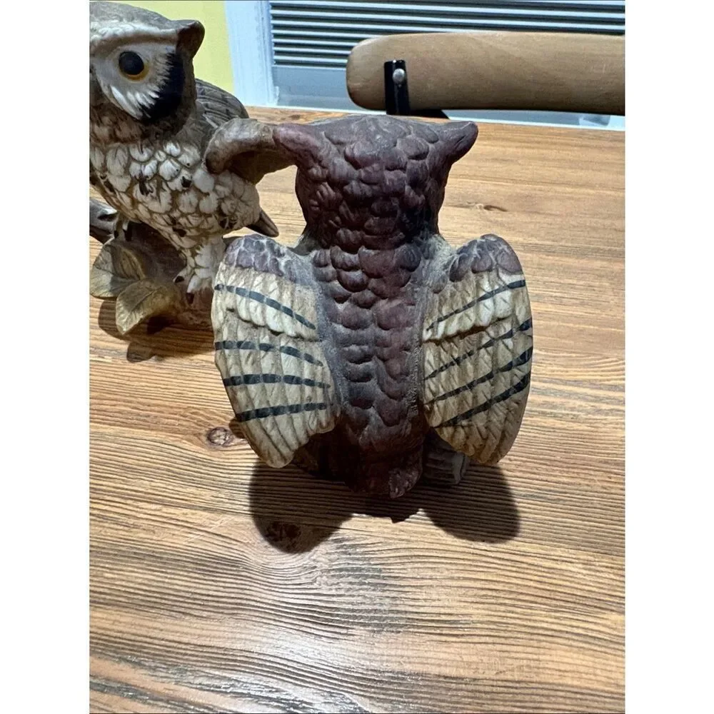 Vintage 1970’s Brown & Cream Owl Pair Figurines Tabletop Accent